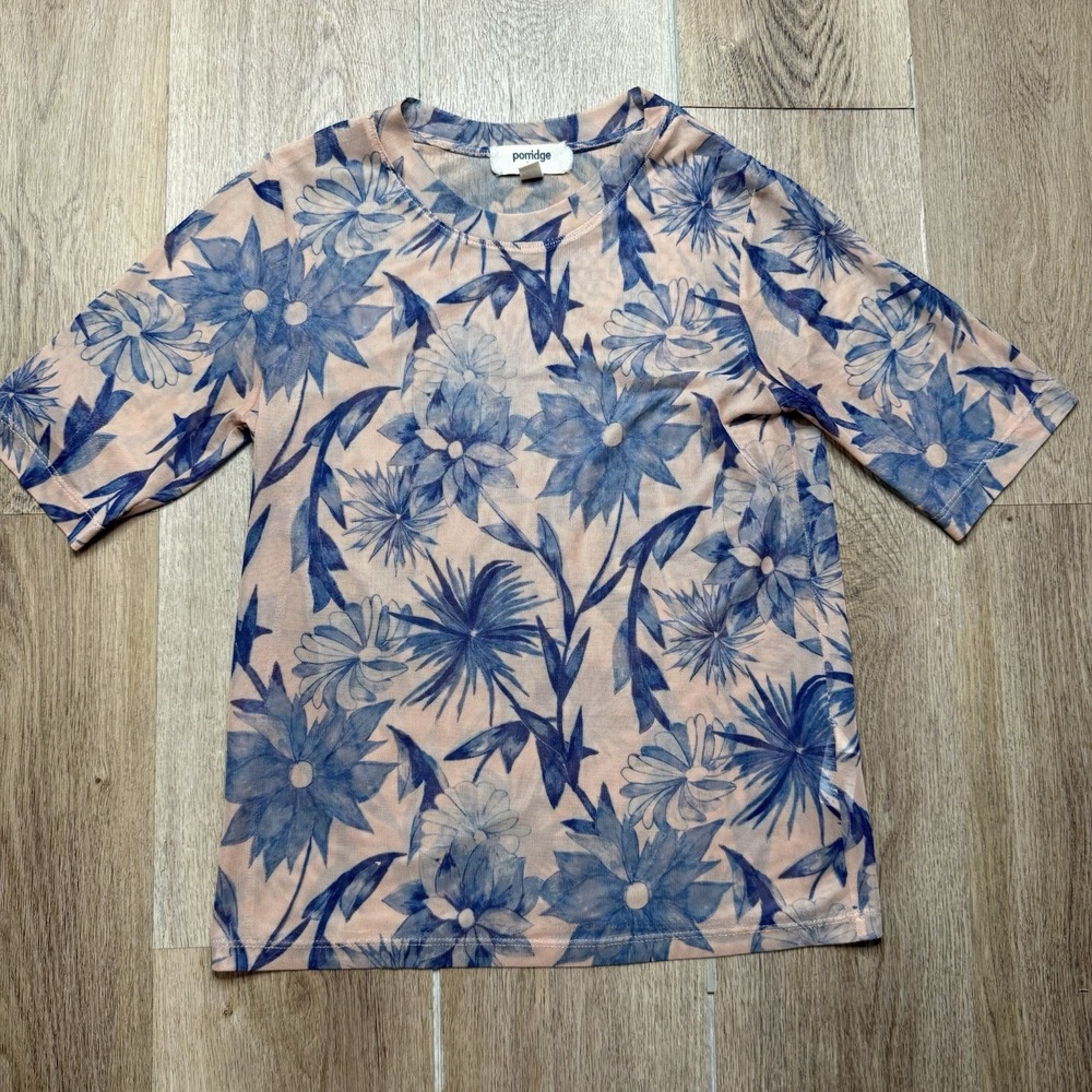 Anthropologie Porridge Clothing Mesh Top Women Small Short Sleeve Floral